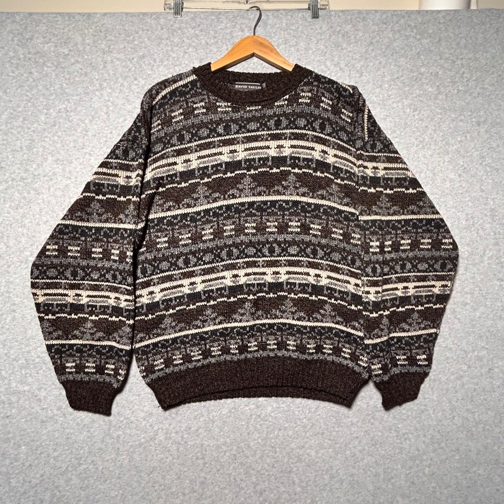 David Taylor Fair Isle Sweater Mens Medium Brown Geometric Knit Grandpa Core